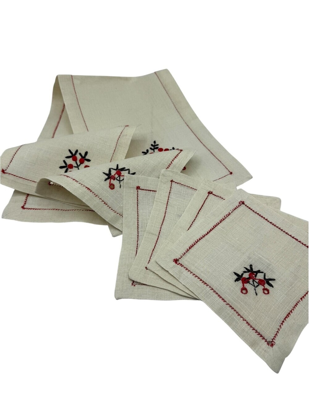 Vintage Embroidered Linen Table Runner and Napkins Set